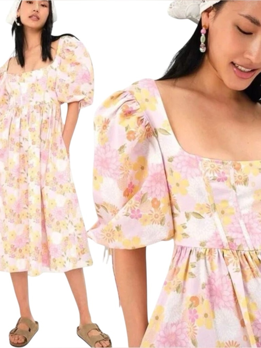 Floral Puff-Sleeve Midi Dress in Pastel Pink and Yellow